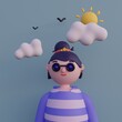 © beingeniusloci - Casual young girl with glasses, in hoodie with  short hair. Young girl avatar in minimal art style. Bright portrait of a cartoon girl character.  3d illustration.