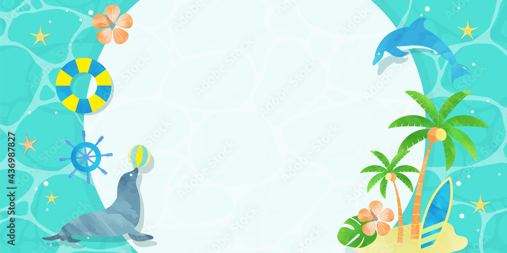 夏 水彩 ビーチ 海 バナー フレーム イラスト 2 1 横位置 バリエーションあり Wall Mural Ricorico