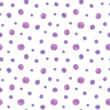 Purple Watercolor Polka Dots On White Background. Abstract Lilac And White Summer Pattern Backdrop. Dynamic Easy Seamless Pattern For Textile, Paper, Design Packaging.