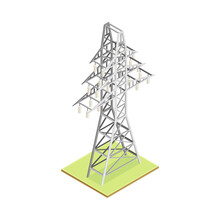 Transmission Tower With Overhead Power Line As Electric Object Isometric Vector Illustration