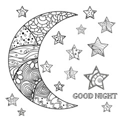 Wall Mural - Crescent. Moon. Many stars with abstract patterns on isolation background. Line art. Zentangle. Design for spiritual relaxation for adults. Black and white illustration for antistress colouring page
