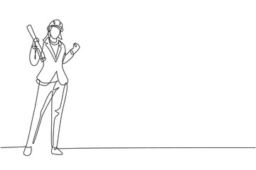 Poster - Single one line drawing female architect stood with celebrate gesture and wearing helmet carrying blueprint for the building's work plan. Modern continuous line draw design graphic vector illustration