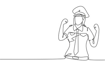 Poster - single continuous line drawing female pilot with celebrate gesture and full uniform ready to fly wit