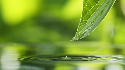Aufkleber - Crystal clear water rolls over a green leaf and falls into the water forming ripples. Wet green fresh leaf over pond. Nature after rain. Macro shot
