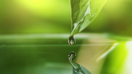 Aufkleber - Slow motion shot of drop of water falls from green leaf during rain. Beautiful bokeh of green foliage on the background. Cycle of water in nature