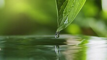 Light Summer Rain. Drops Of Water Slowly Fall And Splash From Green Leaf Down To The Surface Of The Lake. Green Water Splash Nature Background. Raindrops Falls Into Pond