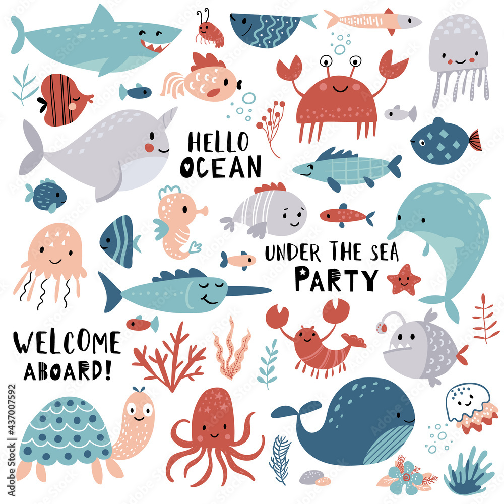 Cute sea animals, ocean set for summer baby shower and girls and boys birthday party design. Cartoon Narwhal, Whale, Dolphin, Crab, Turtle, Octopus, Fish, Medusa. - obrazy, fototapety, plakaty 