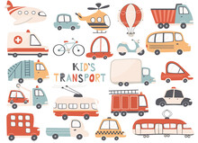 Cute Transport Set, Cartoon Cars Icons, Hand Drawn Vector Illustration