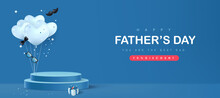 Father's Day Card With Product Display Cylindrical Shape And Gift Box For Dad On Blue Background
