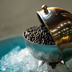 Expensive fish black caviar. Gourmet appetizer dish. Sturgeon caviar in metal utensil with lid surrounded by ice. Close-up shot with soft focus and copy space for text.