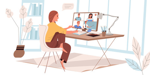 Canvas Print - Online education web concept in flat style. Woman watching training lessons on computer. Student studying remotely at home. People character activities scenes. Vector illustration for website template