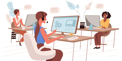 Poster - Call center web concept in flat style. Operators in headsets take calls, advise clients. Tech support or hotline service. People character activities scene. Vector illustration for website template