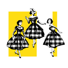 Collection Fashion Set. Cute Girls In Retro Checkered Dresses Of The 50s On A Yellow Background. Hand Drawn Style Print. Vector Illustration.