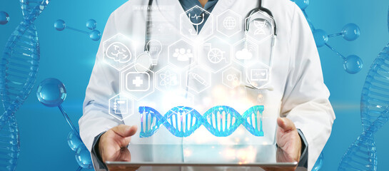 Wall Mural - Doctor using tablet and analysis chromosome DNA genetic of human on virtual interface. Medical science concept, 3d illustration