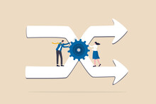 Change Management, Professional Or Expertise To Manage Company Transformation Or Implement New Process Concept, Business Man Staff Team Help Turn Gear Cog To Manage Change Direction Arrows.