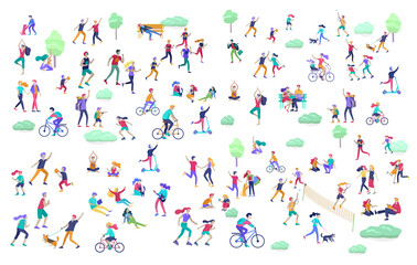 People Spending Time, Relaxing on Nature, family and children performing sports outdoor activities at park, walking dog, doing yoga, riding bicycles, tennis workout. Cartoon vector