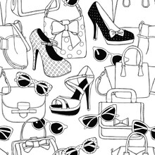 Seamless Pattern Shoes Bags Glasses Black & White 