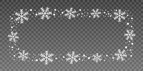 Wall Mural - Snow border frame. Christmas texture, isolated on transparent background. Snowflake abstract effect. Holiday border, silver glitter. Blizzard design. Winter snow fall decoration Vector illustration