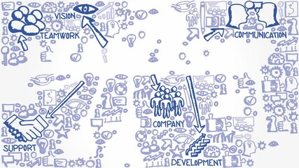 Canvas Print - Hand drawn icon group being gradually appeared with Leadership, Teamwork, Planning, Competence and Business concept. High quality 4k video.