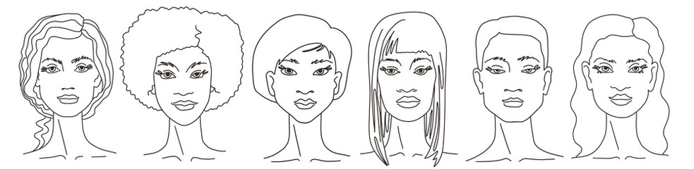 Set of women of different nationalities and cultures together line art. Vector doodle illustration