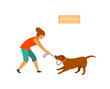 dog misbehaving tugging biting on a leash during walking vector illustration graphic scene