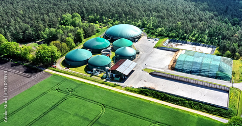 Aerial view of a biogas plant for the production of electrical energy from organic waste and agricultural residues