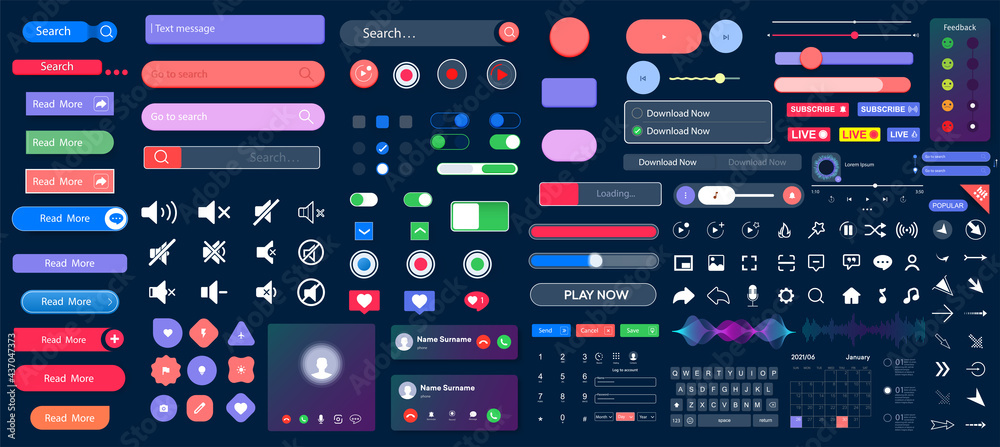 Set of elements for the interface. Universal UI, UX kit for app or web. Constructor for interfaces design. Colorful navigation long web button. Interface buttons. Web UI elements for browsers. Vector - obrazy, fototapety, plakaty 