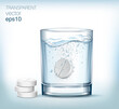 White solvable tablet in the glass with blue water and a few pills next to the glass.  Vitamin pill soluble in fizzy water with bubbles.  Transparent vector