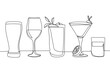 Continuous one line of best selling drinks cocktails in silhouette. Linear stylized.Minimalist.