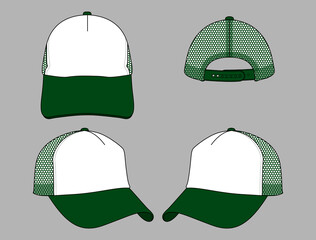 Canvas Print - Dark Green-White Mesh Trucker Cap with Adjustable Snap Back Strap Design on Gray Background, Vector File.