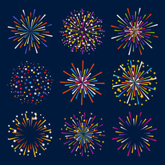 Sticker - Set of color fireworks on night sky background for anniversary holiday design