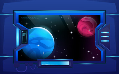 porthole on hallway in spaceship. viewport. red and blue planet. futuristic interior room. backgroun