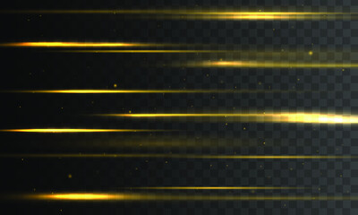 Poster - Set of yellow horizontal rays, lens, lines. Laser beams luminous abstract sparkling isolated on a transparent background. Light effect. Sun rays. Yellow gold line. Vector illustration, EPS 10. 