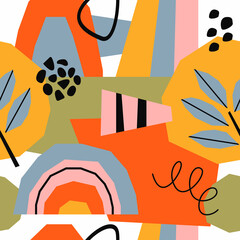 Poster - Modern abstract seamless pattern with jungle plants,  doodle shapes and lines. Creative collage contemporary  background. Fashionable template for design.
