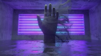 A stone human hand emitting millions of particle streams in a future sci-fi room with modern neon lighting. Abstract 3d animation