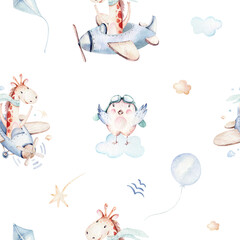  Watercolor airplane kid seamless pattern. Watercolor toy background baby cartoon cute pilot giraffe, elephant with koala, bear and bird aviation sky transport airplanes, clouds.