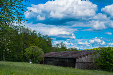 Germany, Old rustic wooden barn building of a farm surrounded by green grassland, forest and decorated by blue sky and clouds