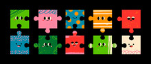 Abstract Puzzle Creatures With Faces. Various Emotions. Different Colored Characters. Bright Textures. Cartoon Style. Flat Design. Hand Drawn Trendy Vector Illustration. Every Face Is Isolated