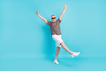 Canvas Print - Full length photo of cheerful happy old man raise hands positive mood isolated on pastel blue color background