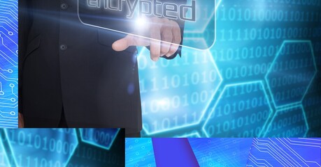 Poster - Composition of businessman touching encrypted screen over binary coding
