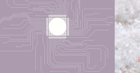 Composition of computer processor and circuit board over pink background