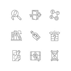 Poster - Puzzle solving linear icons set. Investigate footprints. Message in bottle. Clues for riddles. Customizable thin line contour symbols. Isolated vector outline illustrations. Editable stroke