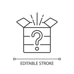 Poster - Mystery box linear icon. Chest with question mark. Win surprise. Solving puzzle, clues for riddle. Thin line customizable illustration. Contour symbol. Vector isolated outline drawing. Editable stroke