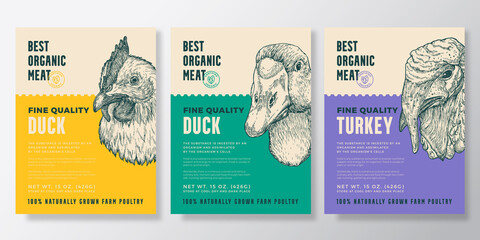 Wall Mural - Birds Portrait Organic Poultry Vector Packaging Design or Label Templates Set. Farm Steaks Banners. Modern Typography and Hand Drawn Chicken, Duck, Turkey Head Sketches Backgrounds Layout Collection