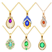 Illustration Set Of Necklace Pendants Jewelry Made Of Precious Stones Isolated On White Background.