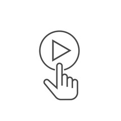 Poster - Finger pressing play button outline icon. Vector sign