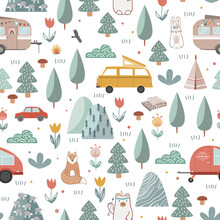 Hand Drawn Seamless Pattern With Summer Camping Equipment. Trailers, Mountains, Trees, And Animals In Scandinavian Style. Cartoon Background