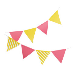 party flags 3d render illustration. pink and yellow triangular flags hanging on rope for birthday or