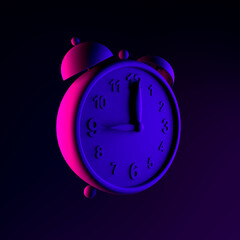Poster - Neon vintage alarm clock icon. 3d rendering ui ux interface element. Dark glowing symbol.