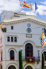 Badalona, Spain - May 13, 2021. Badalona City Council And Local, National And European Flag Waving